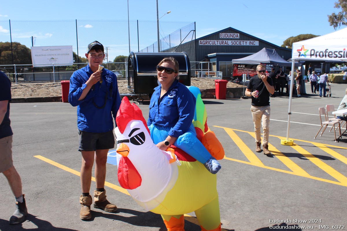 Eudunda Show President Gary Schutz with Show Media Officer Kahlia Jenke getting into the show theme of Birds of a feather.